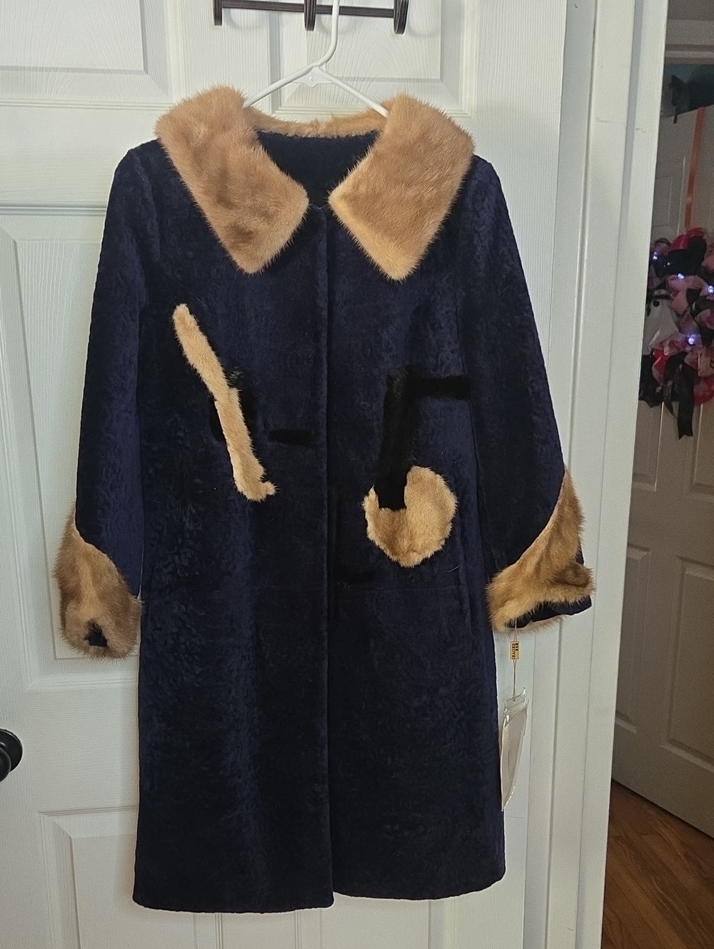 IEAGER Navy 100% MinkFur-Trim 100% Wool Retail $1200.00